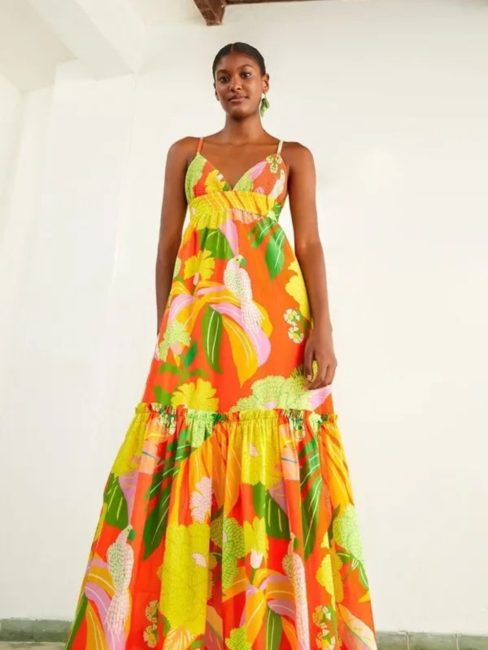 Farm Rio Neon Floral Tiered Cotton Maxi Dress